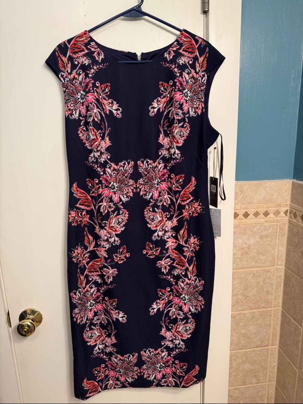 Navy Floral Vince Camuto Sheath Dress with Pink Embroidery NWT